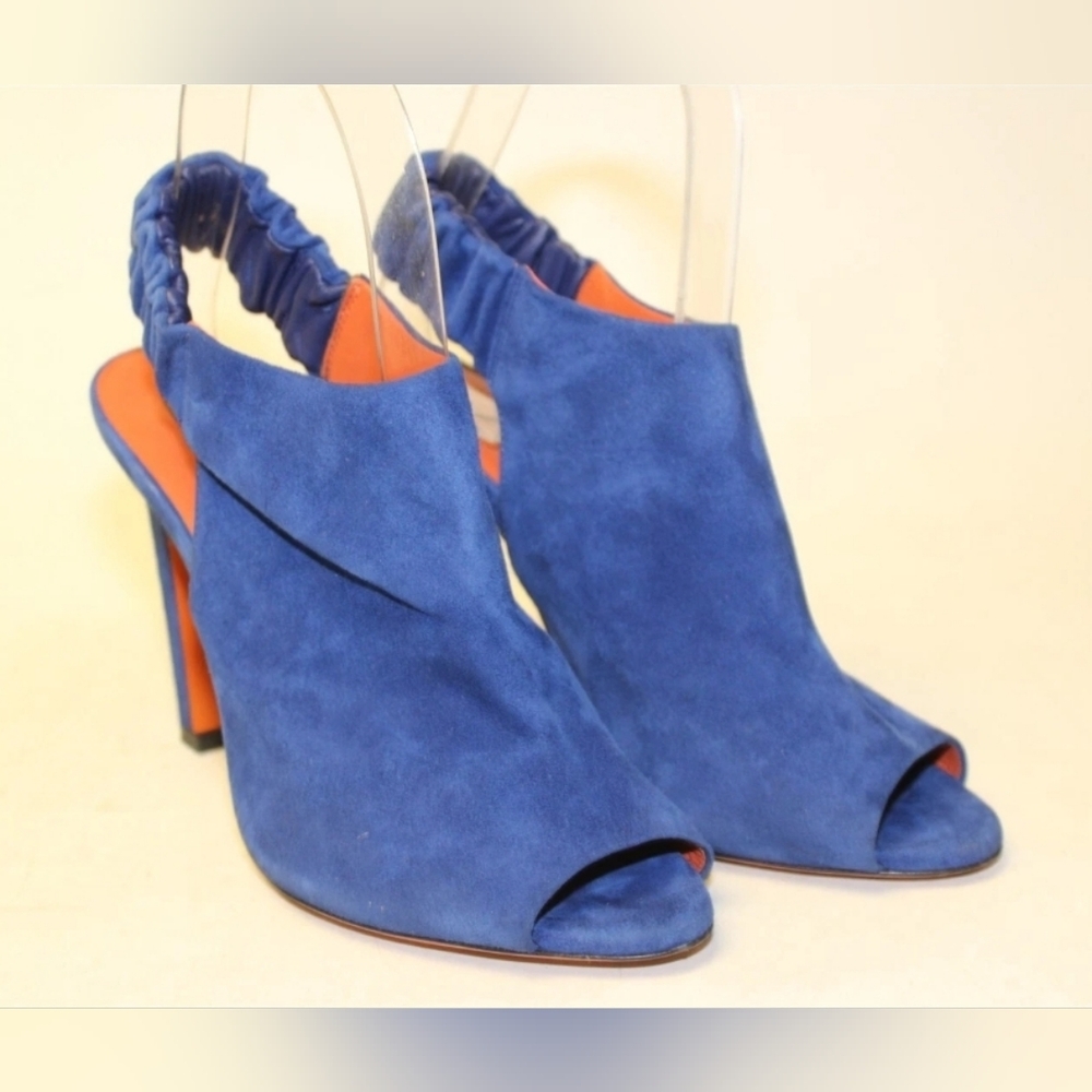 Santoni Italy Made Luxury Blue Suede Slingback Peep Toe Heels SANDALS Shoes 37 7 - Picture 11 of 16